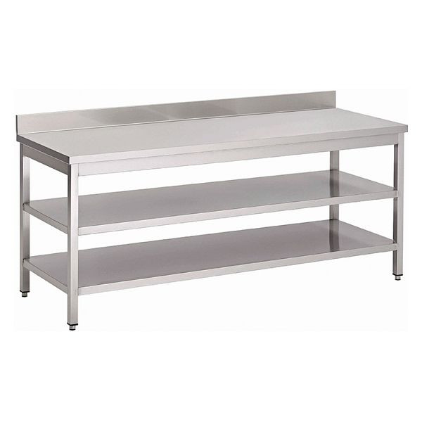 Gastro-Inox Edelstahl AISI 430 Arbeitstisch mit doppelter Boden und Aufkantung, 1800x700x850mm, verstärkt mit 18 mm, beschichteter Spanplatte, 301.336