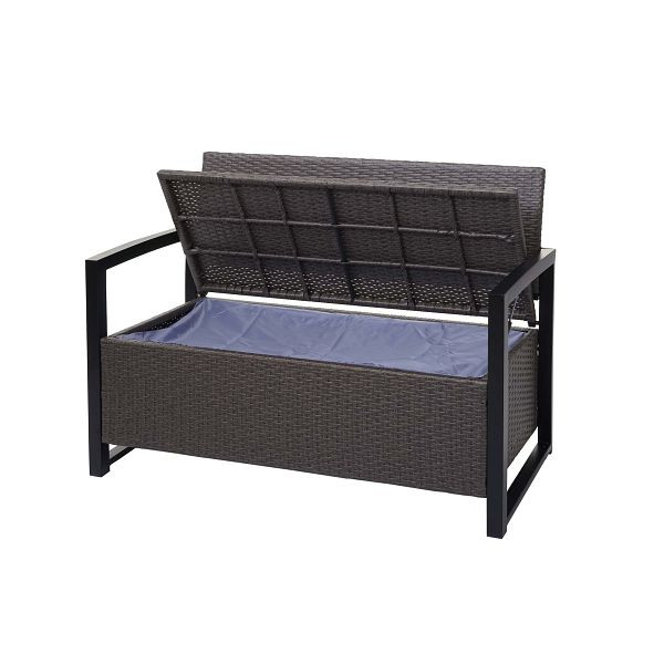 Mendler Poly-Rattan 2er Sitzbank HWC-F39, Gartenbank Truhenbank, Staufach Aufbewahrung Sitzkissen, grau-meliert, Kissen grau, 69566