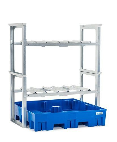 DENIOS Fassregal für 6 Fässer à 60 Liter, mit Kunststoffwanne, 1429 x 1235 x 1637 mm, 291788