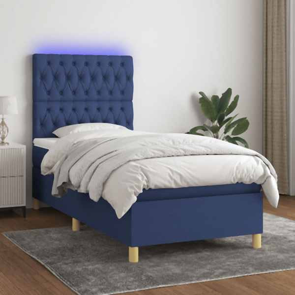 vidaXL Boxspringbett mit Matratze & LED Blau 100x200 cm Stoff, 3135659