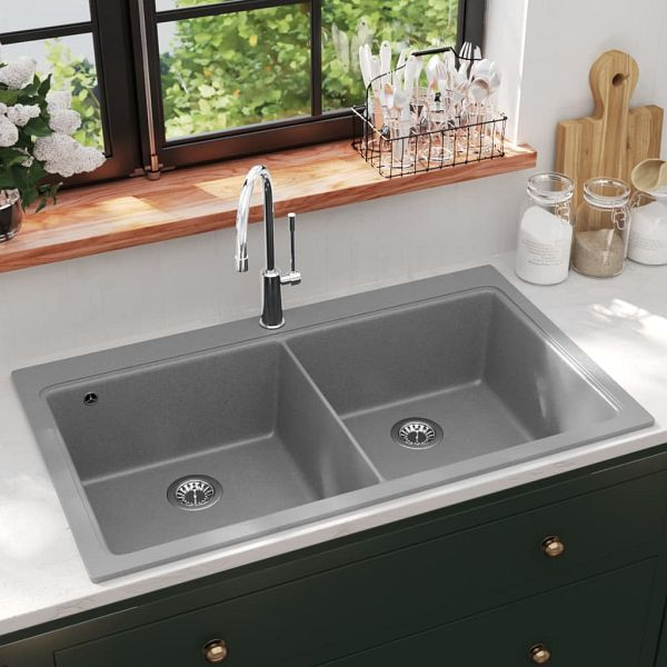 vidaXL Granitspüle Doppelbecken Grau, 141676, 8718475941446