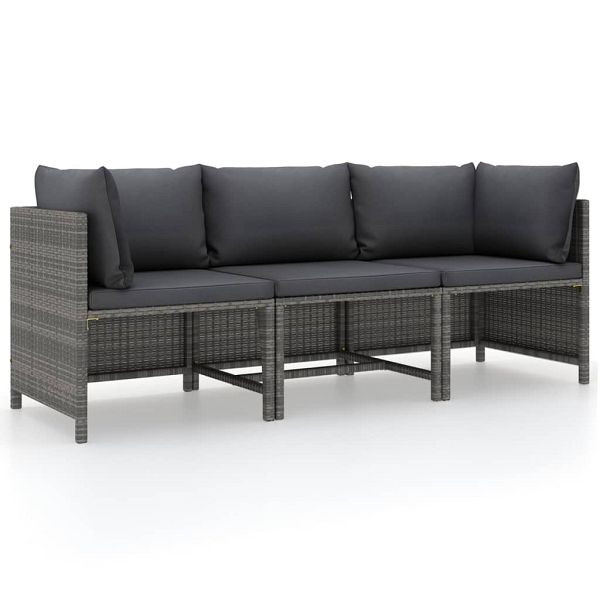 vidaXL 3-Sitzer-Gartensofa mit Kissen Grau Poly Rattan, 313499