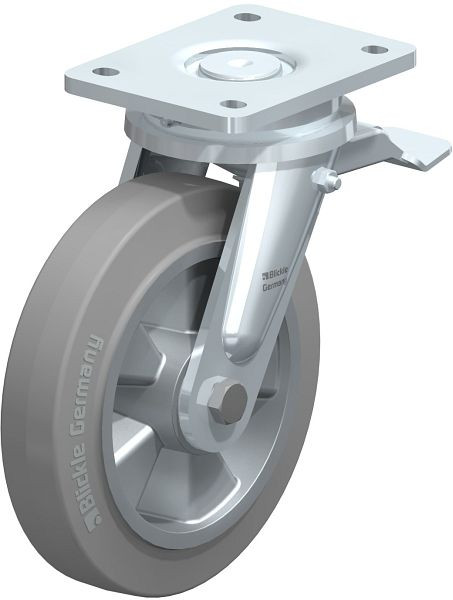 Blickle LO-ALEV 200K-ST-SG Stahlgeschweißte Schwerlast-Lenkrolle mit Feststeller, Elastik-Vollgummi, Grau, 744693