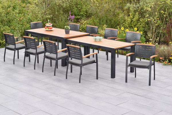 Merxx Tinos Set 21-teilig, 10 Tinos Stapelsessel, 10 Kissen, grau, mit Befestigungsbändchen, 1 Flex Ausziehtisch 180/180 x 100/83 x 80/74 cm, 50819-800