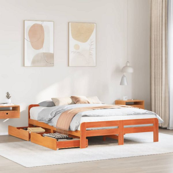vidaXL Massivholzbett ohne Matratze Wachsbraun 140x200 cm Kiefernholz, 3309040