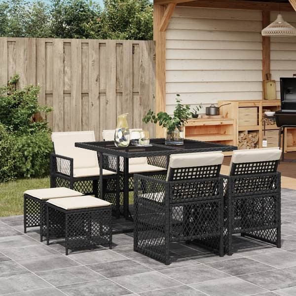 vidaXL 9-tlg. Garten-Essgruppe mit Kissen Schwarz Poly Rattan, UV-beständig, 3210774