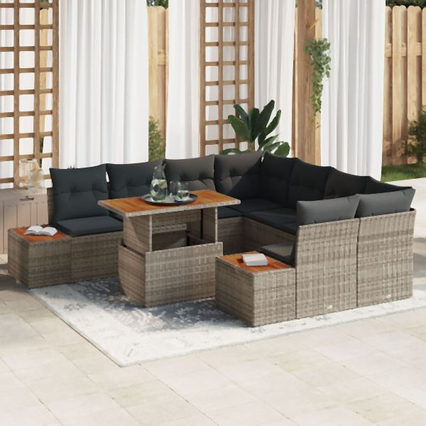vidaXL Garten-Sofa-Set Set aus 9 Grau Rattan und Holz Garten-Sofa-Set, 3350056