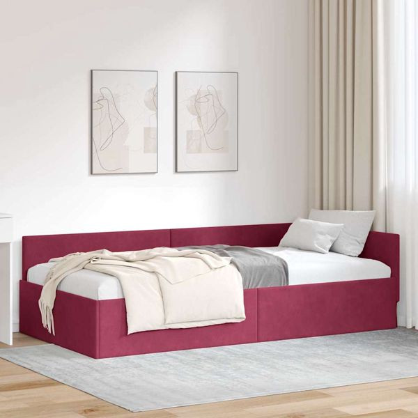 vidaXL Eckbettgestell Weinrot 90 x 190 cm Samt und engineered Holz, 42016075