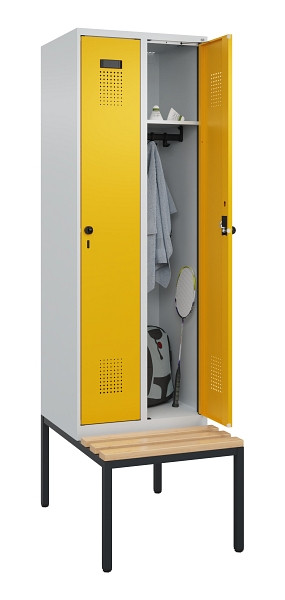 C+P Spind Evolo PLUS, 2 Abteil, 2120x600x815mm, 7035/1004, Drehriegel, Sitzfläche Buche-Hartholz, Sitzbank, 0490507-20 S10000