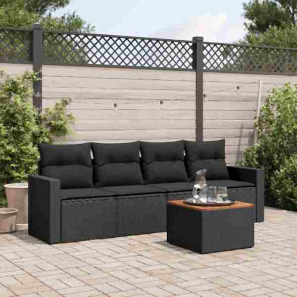 vidaXL 5-tlg. Garten-Sofagarnitur mit Kissen Schwarz Poly Rattan, UV-beständig, 3223997