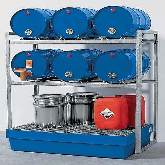 asecos Fassregal 6 x 60 Liter, Wanne aus PE, ohne Gitterrost, 1079-13137