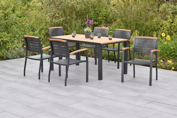 Merxx Tinos Set 7-teilig, 6 Tinos Stapelsessel, 1 Tisch 150 x 90 cm, Tischplatte aus Akazienholz, Aluminium mit FSC Akazienholz, 50812-217