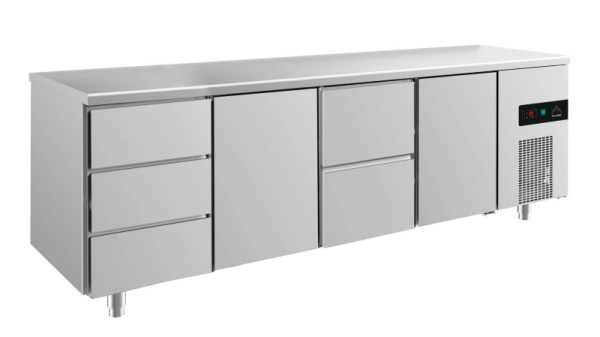 A&S Polarny Kühltisch -2 bis +8°C mit 2x Türen, 1x zwei Schubladen mittig-rechts und 1x drei Schubladen links, 2330 x 700 x 850 mm, KT4DTZT