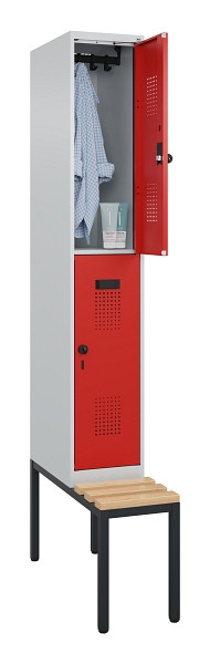 C+P Doppelstock-Spind Evolo PLUS, Bank, 2 Fächer, 2120x300x815mm, 7035/3020, Drehriegel, Sitzfläche Buche-Hartholz, Sitzbank, 0493507-10 S10005