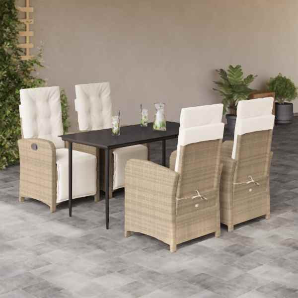vidaXL 5-tlg. Garten-Essgruppe mit Kissen Beige Poly Rattan, UV-beständig, 3212572