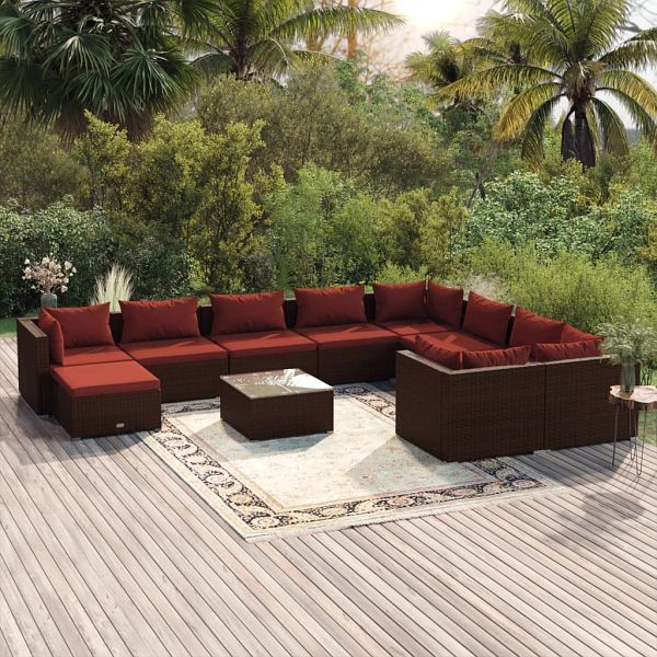 vidaXL 11-teilig Garten-Lounge-Set mit Kissen Poly Rattan Braun, 3102691