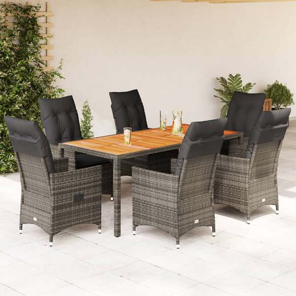 vidaXL 7-tlg. Garten-Essgruppe mit Kissen Grau Poly Rattan, UV-beständig, 3276729