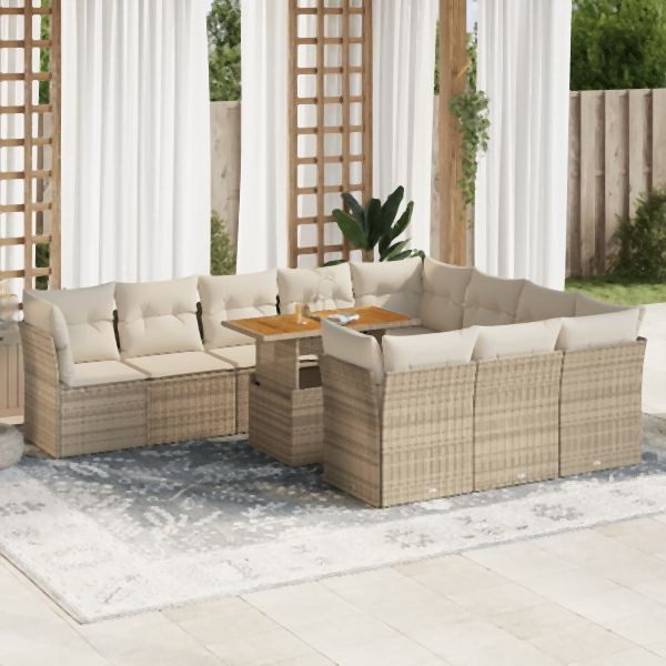 vidaXL 11-tlg. Garten-Sofagarnitur mit Kissen Beige Poly Rattan, 3326977