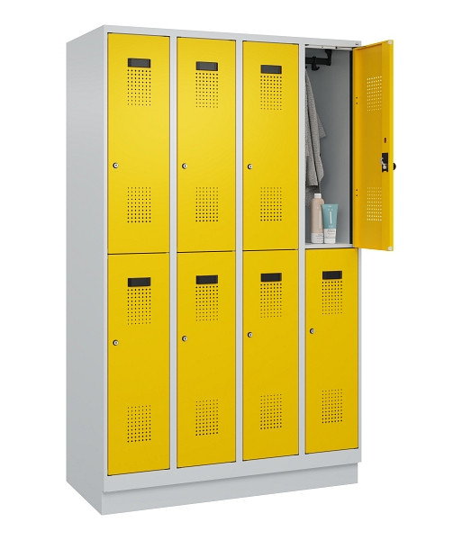 C+P Doppelstöckiger Spind Evolo PLUS, mit Sockel, 8 Fächer, 1950x1200x500mm, 703, Frontfarbe RAL 1023 Verkehrsgelb, Zylinderschloss, 049320-40 S10028