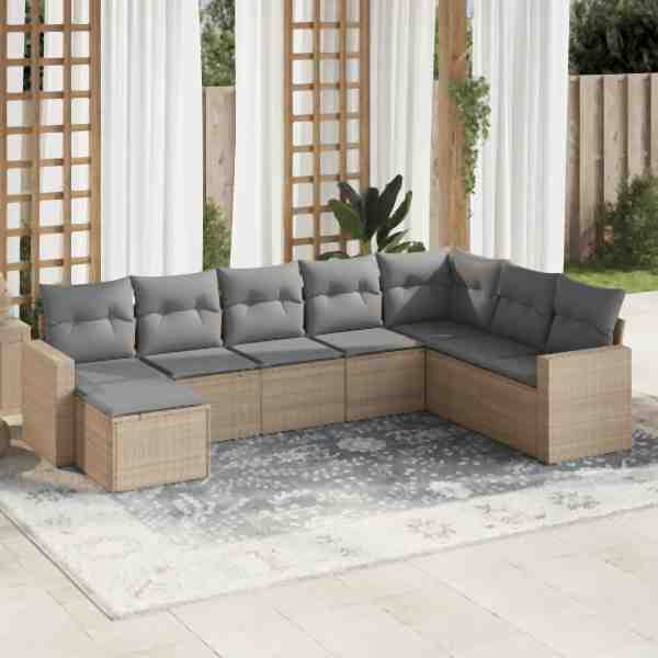 vidaXL 8-tlg. Garten-Sofagarnitur mit Kissen Beige Poly Rattan, UV-beständig, 3219349