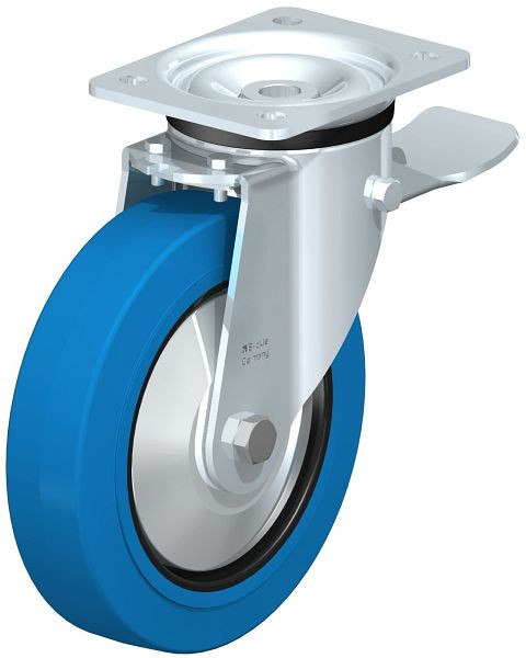 Blickle LK-POEV 200R-ST-SB-FA Stahlblech-Lenkrolle, schwere Ausführung, mit Anschraubplatte & Feststeller, Elastik-Vollgummi, Blau, 750401