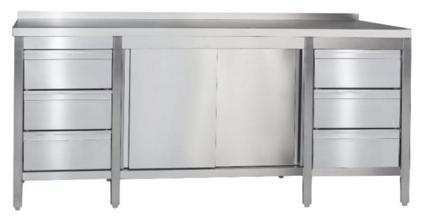 A&S Gastro Arbeitsschrank mit Schubladenblock links & rechts, mit Aufkantung, Abmessungen: 2000x700x850 mm, ARSASLR207