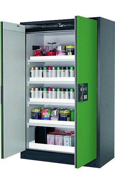 asecos Sicherheitsschrank Q-PEGASUS-90, Q90.195.120.WDAC in resedagrün RAL 6011 mit 4x Wannenboden Standard (Polypropylen), 30002-048-30014