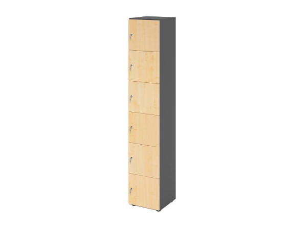 Hammerbacher Schließfachschrank schmal 6OH, 6 Türen mit Schloss, Korpus: Graphit, Türen: Ahorn, 40 x 40 x 215,6 cm (BxTxH), V264L6/G/3/DS