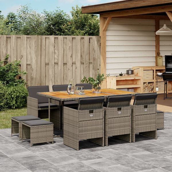vidaXL 11-tlg. Garten-Essgruppe mit Kissen Grau Poly Rattan, 3210614