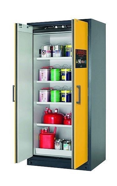 asecos Sicherheitsschrank Q-CLASSIC-90, Q90.195.090.FU.WDC in sicherheitsgelb RAL 1004 mit 4x Fachboden (Stahlblech), 34623-040-34762