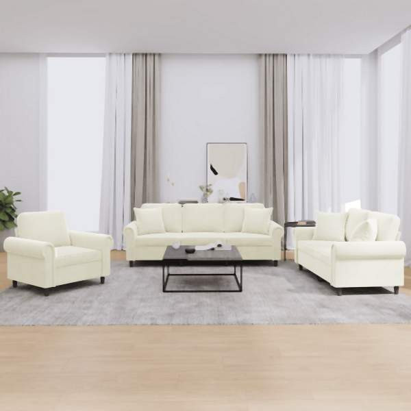 vidaXL 3-tlg. Sofagarnitur mit Kissen Creme Samt, 3202198
