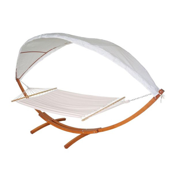 Mendler Hängematte HWC-J47, Hängeschaukel bis 200kg Sonnendach FSC-Holzgestell 420cm 2 Personen, braun, creme-weiß, 80678+80679