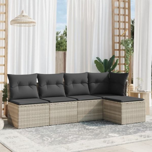 vidaXL 5-tlg. Garten-Sofagarnitur mit Kissen Hellgrau Poly Rattan, 3249361