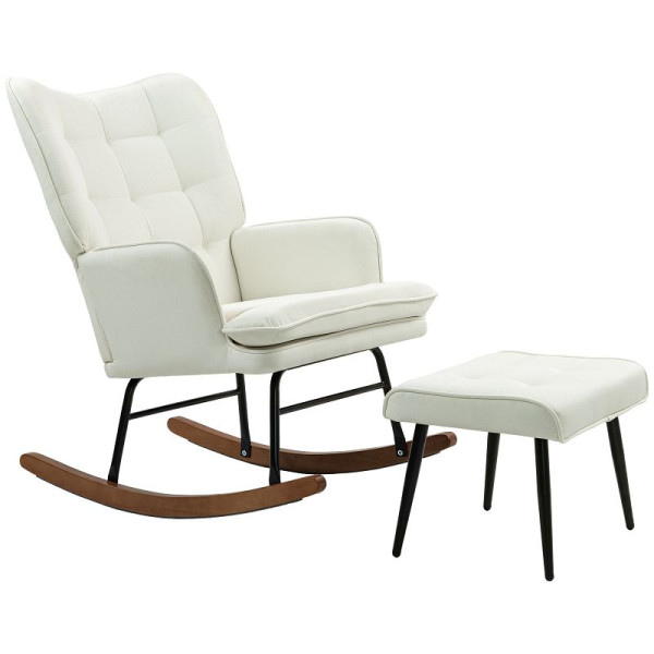 HOMCOM Schaukelstuhl mit Hocker, komfortabel, bis 139 kg, Leinenoptik, 64x89x90cm, Cremeweiß, 839-867V00CW