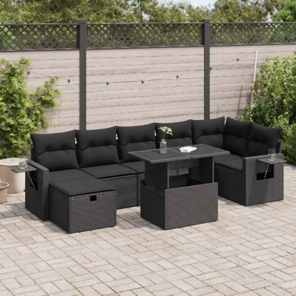 vidaXL 8-tlg. Garten-Sofagarnitur mit Kissen Schwarz Poly Rattan, 3327865
