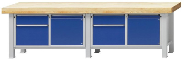 ANKE Werkbänke Schwerlastwerkbank; 3000x800x900 mm; RAL 7035/5010; Buche-Massiv-Platte 100 mm; Links 2 Schubladen 180, 360 mm; Rechts 1 Tür 540 mm, 322.225