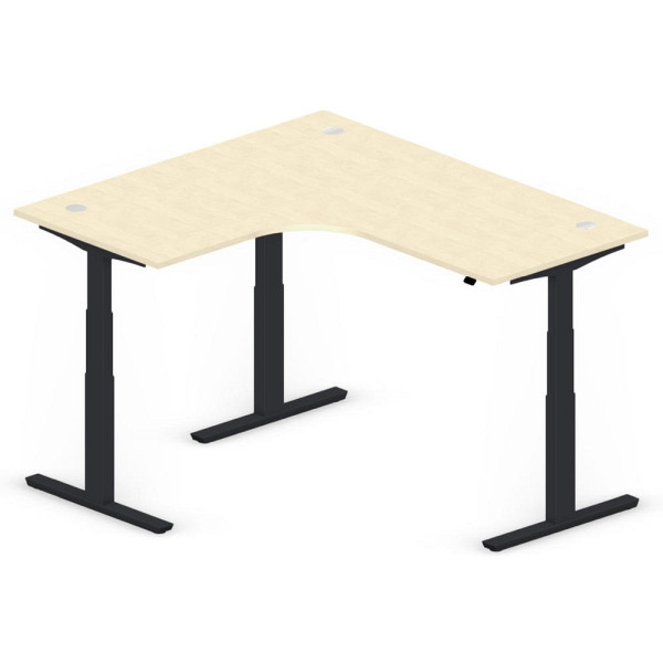 Deskin XXL Sitz-/ Stehschreibtisch Jumbo MULTI M, Ahorndekor, T-Fuß-Stahlgestell in Schwarz RAL 9005, linksseitig geformt, 295162