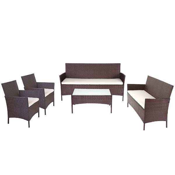 Mendler 3-2-1-1 Poly-Rattan Garten-Garnitur Halden, Lounge-Set Sitzgruppe Sofa, braun-meliert, Kissen creme, 64284+52037+52033+52040