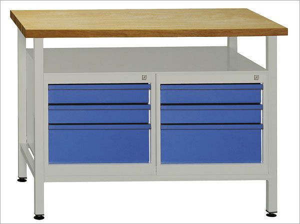 ADB Werkbank 6 Schubladen und Ablage, Maße: 1200x600x840mm (BxTxH), Farbe Werktisch: grau, RAL 7035, Farbe Tür/Schublade: Lichtblau (RAL 5012), 41930