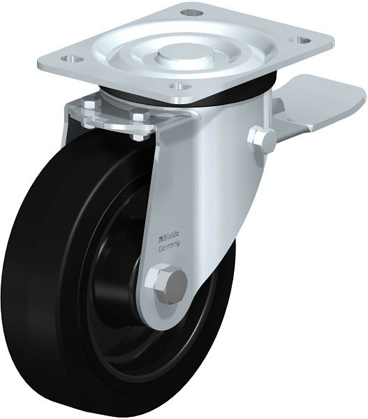 Blickle L-POEV 160R-ST Stahlblech-Lenkrolle, mittelschwere Ausführung, mit Anschraubplatte & Feststeller, Elastik-Vollgummi, Schwarz, 50807
