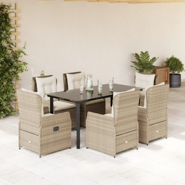 vidaXL 7-teilig Garten-Essgruppe mit Kissen Beige Poly Rattan, 3262893