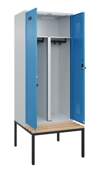 C+P PSA Doppel-Spind Evolo PLUS, Bank, 2 Abteile, 2120x800x815mm, 7035/5012, Drehriegel, Sitzfläche Buche-Hartholz, Sitzbank, 0490527-22P S10007