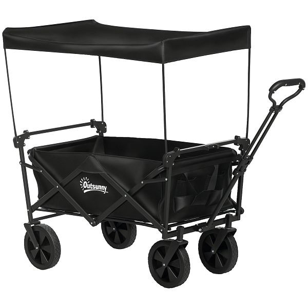 Outsunny Bollerwagen mit Dach, klappbar, 110L Kapazität, Stahlrahmen, 97x52x105 cm, Schwarz, 84H-125V00BK