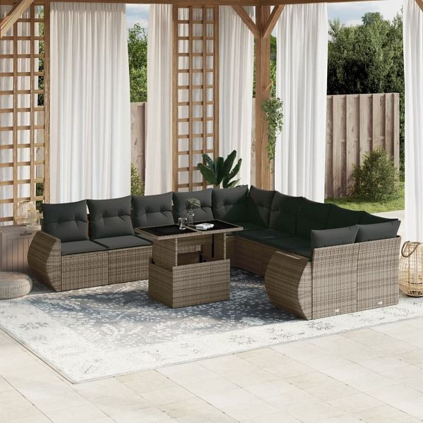 vidaXL 11-teilig Garten-Sofagarnitur mit Kissen Grau Poly Rattan, 3268800