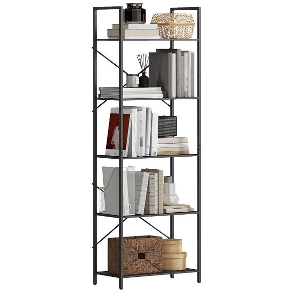 HOMCOM Bücherregal, Standregal mit 5 Ebenen, Industrielles Büroregal mit Metallrahmen, offenes Aufbewahrungsregal für Wohnzimmer, 836-643V00BK