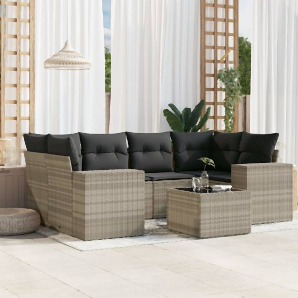 vidaXL 7-tlg. Garten-Sofagarnitur mit Kissen Hellgrau Poly Rattan, 3222321