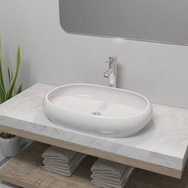 vidaXL Bad-Waschbecken mit Mischbatterie Keramik Oval Weiß, 275496