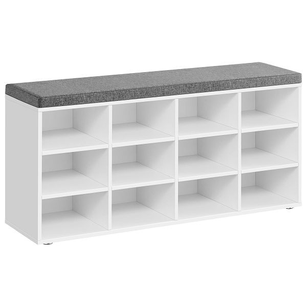 VASAGLE Schuhbank mit Polsterung, mit gepolstertem Sitz, mit 12 Fächern, verstellbare Regale, 11,9 x 40,9 x 18,9 Zoll, weiß und grau, LHS012W14
