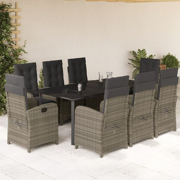 vidaXL 9-teilig Garten-Essgruppe mit Kissen Grau Poly Rattan, 3212369