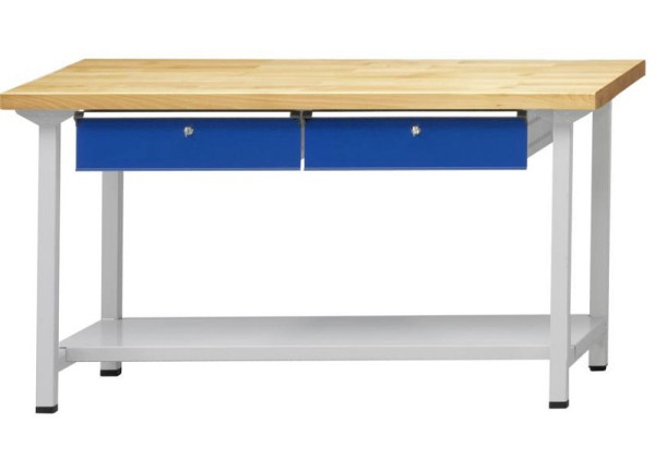 ANKE Werkbänke Arbeitstisch; 1500x700x890 mm; RAL 7035/5010; Buche-Massiv-Platte 40 mm; 2xHängeschublade; 1xAblageboden aus Stahlblech 500 mm tief, 400.281